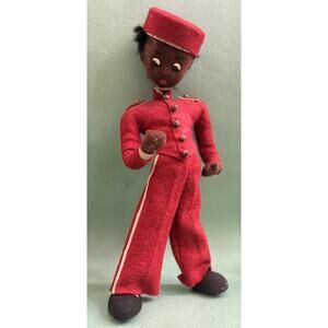 Antique Felt Black Bellhop Character Doll 12” w Mohair and Cap, Large Eyes, RARE
